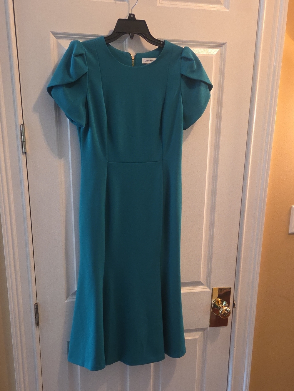 Calvin Klein Teal Midi Dress with Puff Sleeves